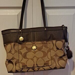 Coach Signature Stripe Tote Shoulder Handbag 11691 Purse Brown.